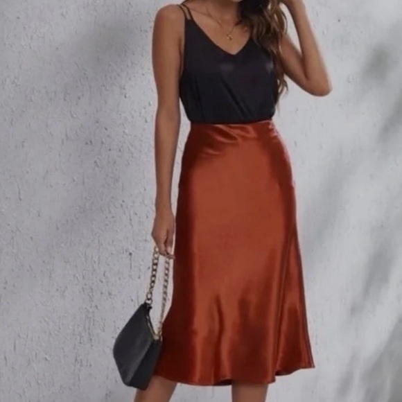 Rachel Zoe Orange Brown Women’s Satin Midi Slip Skirt - Size 10 - Picture 1 of 9